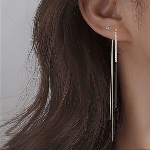 925 Sterling Silver CZ Dangle Chain Earrings Tassel